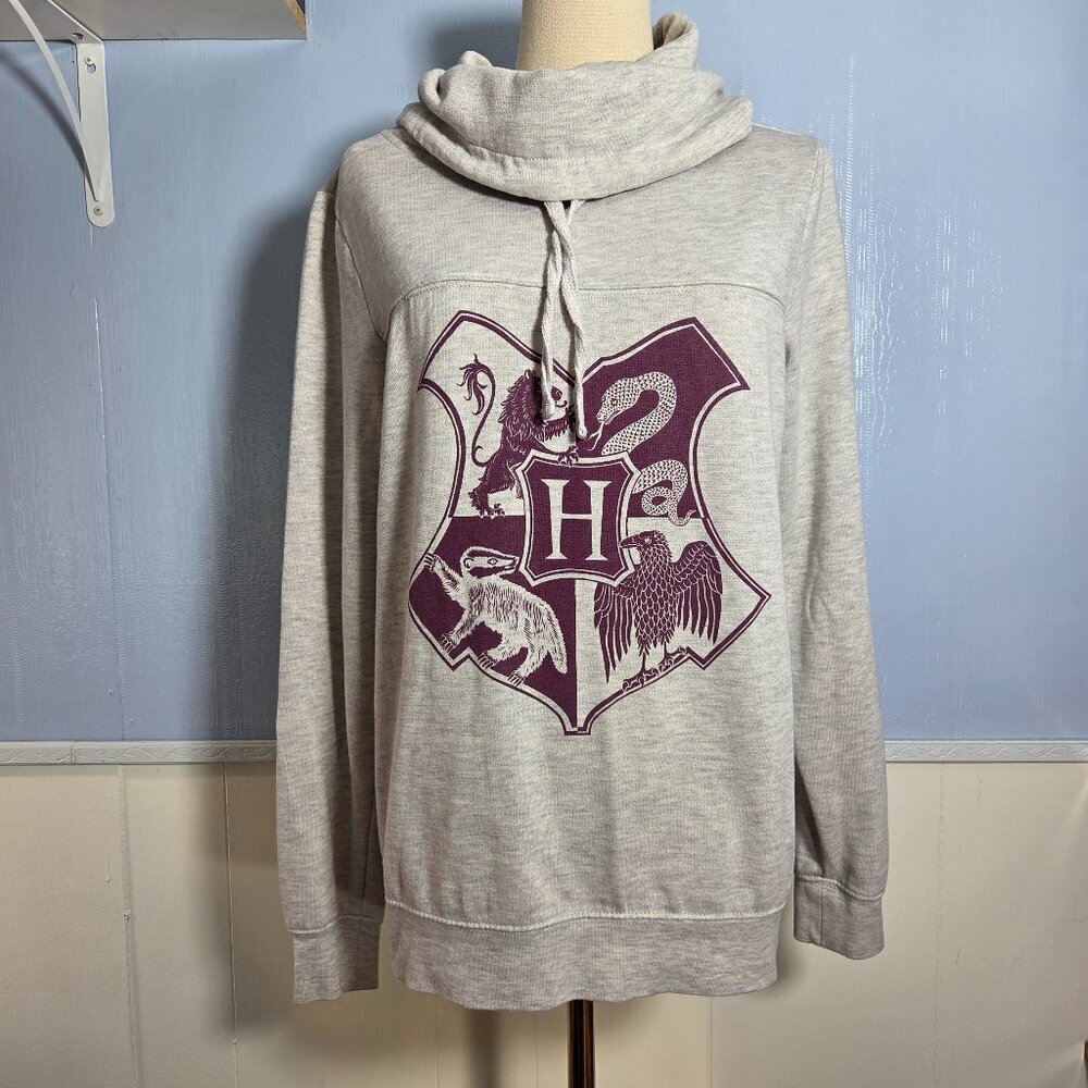 Harry Potter Medium Light Heathered Gray Maroon Hogwarts Logo Cowl Pullover
